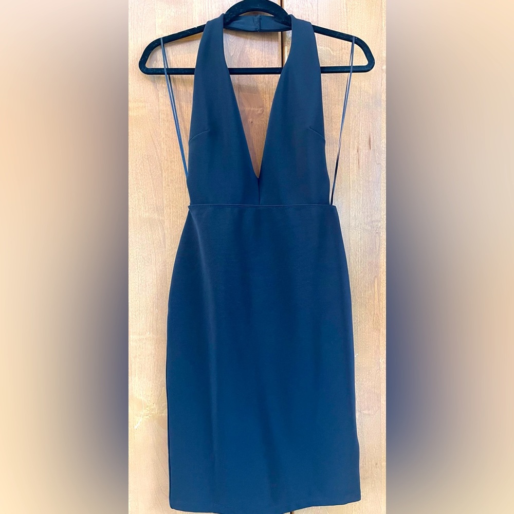 TOPSHOP knee length, black, open back halter dress